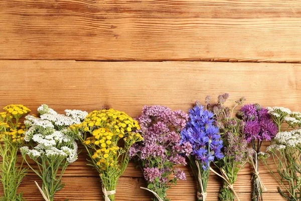 Different Types Fresh Herbs Wooden Background — Stock Photo, Image