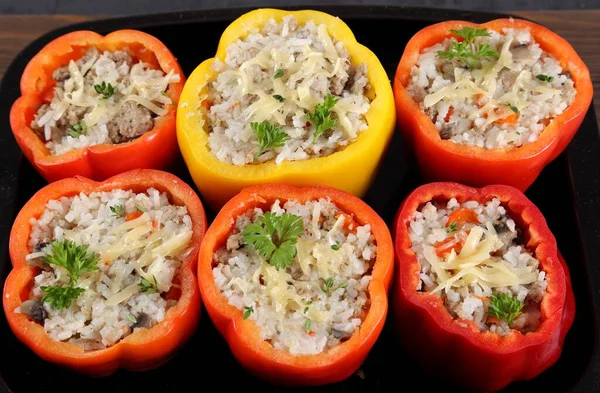 Peppers Stuffed Rice Meat Mushrooms Cheese Top View — Stock Photo, Image