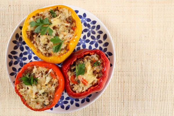 Peppers Stuffed Rice Meat Mushrooms Cheese Top View — Stock Photo, Image