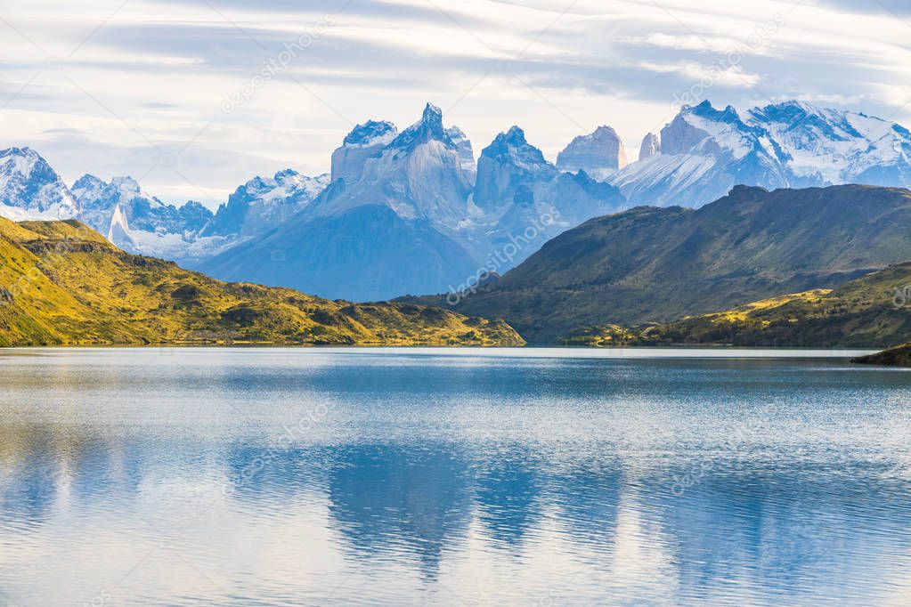 Beautiful panoramic view of lake with Cuernos, horn mountains pe