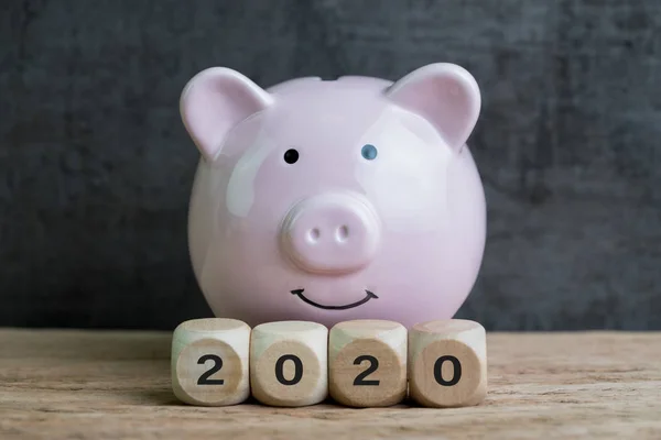 Año 2020 Objetivo Financiero Presupuesto Inversión Feliz Sonriente Alcancía Rosa — Foto de Stock