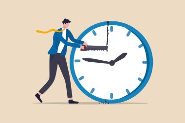Zaman yönetimi, iş ve kişisel yaşam ya da proje yönetimi konsepti için zaman çizelgesi, iş adamı ya da ofis çalışanı projelerin bitiş zamanını ayarlamak için testereyi kullanıyor.