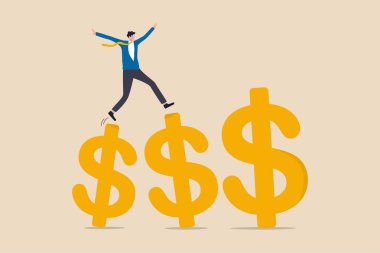 Büyüyen yatırım, yükselen gelir ve ikramiye ya da finansal iş konseptinde başarı, iş adamı profesyonel menajer büyüme üzerinde yürüyen ve zıplayan altın dolar işaretleri.