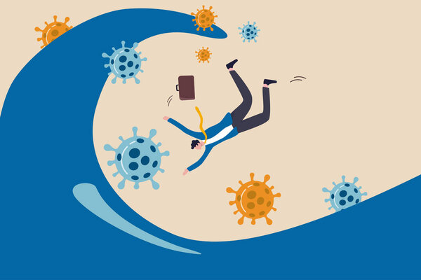 Пандемия коронавируса ударила по мировой экономике, в результате чего компания и бизнес рухнули и концепция банкротства, владелец компании бизнесмен упал в большую океанскую волну с патогеном коронавируса COVID-19.