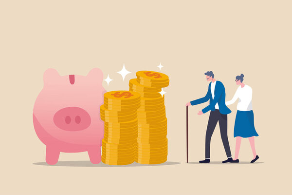 Retirement mutual fund, 401k or Roth IRA savings for happy life after retire and financial freedom concept, rich senior couple elderly man and woman stand with stacked of dollar coins pink piggy bank.