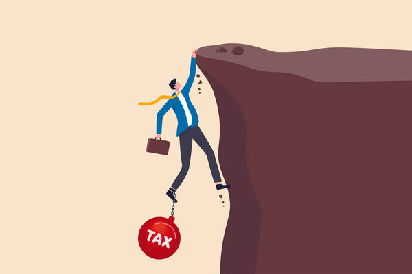 Плата подоходного налога наемного работника, государственный налог, долг, обязательство платить концепцию, пробовал подавленный бизнесмен с портфелем в руках и вот-вот упадет с обрыва, связанного тяжелым мячом с текстом TAX