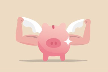 Güçlü finansal sağlık, başarı kişisel finans stratejisi veya para gücü ve büyüme yatırım konsepti, güçlü kolları ve uçan kanatları olan güçlü pembe domuz kumbarası ticari kazanç için savaşmaya hazır..