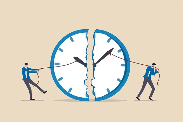 時間管理 作業期限または作業時間の概念の計画 複数のプロジェクトの時間を管理するための努力の時計のメタファーを破るために分と時間の手を引くためにロープを使用してビジネスマン — ストックベクタ