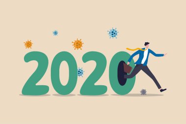 Coronavirüs salgını nedeniyle 2020 yılında yaşanan ekonomik kriz şirket iflasına ya da COVID-19 pandemik konseptine neden oldu. İş adamı 2020 sayısından Coronavirüs patojeni ile kaçıyor..