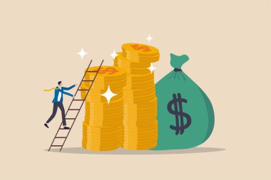 Finansal hedefteki başarı, kariyer yolu geliri ya da emeklilik konsepti yatırımları, genç işadamlarının para yığınının tepesine tırmanması zengin ve varlıklı hedefler.