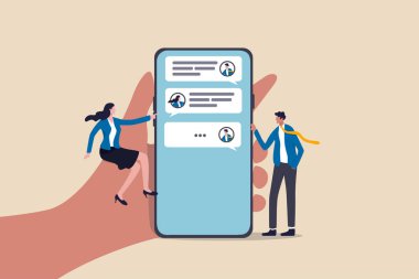 İş dünyası için mobil sohbet uygulaması, iş konsepti için teknolojiyi kullanan ya da işbirliği yapan takım çalışması, iş adamı ve iş kadını cep telefonu uygulaması ile akıllı telefondan iletişim kuruyor