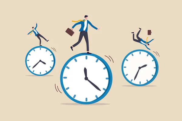 时间管理 工作日程和截止日期 或生产力和效率的工作理念 商人们带着信心骑着滚动式的时钟 在成功的中途自信地完成了目标 — 图库矢量图片