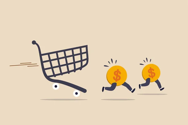 Über Ausgaben, Konsum oder die Bezahlung teurer Einkaufskosten, die Schulden und Finanzprobleme verursachen, Dollar-Geldmünzen, die vor aggressiven Jagd Gläubiger Einkaufswagen oder Einkaufswagen weglaufen. — Stockillustration Über Ausgaben Konsum Oder Die Bezahlung Teurer Einkaufskosten Die Schulden — Stockvektor