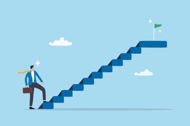 İş hayatına başarıyla başlayın, girişimci kazanma fırsatını başlatın, başlamaya hazırlanın, hedefe ulaşmak için ilerleme veya büyüme, iş adamı başarıya ulaşmak için basamakları çık veya basamakları çık.
