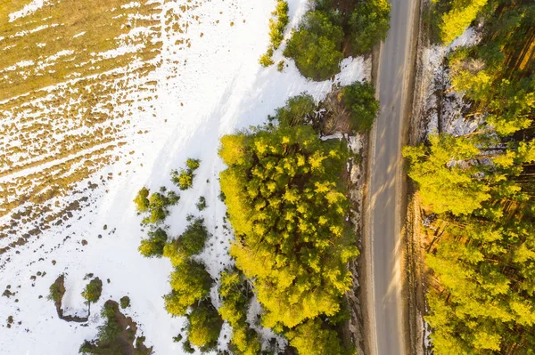 Oude weg in het voorjaar bos luchtfoto smelt op de zijkant van de weg en tussen de bomen. — Stockfoto