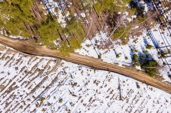 Weg in het voorjaar forest luchtfoto drone uitzicht. Sneeuw smelt aan de zijkant van de weg en tussen de bomen. — Stockfoto