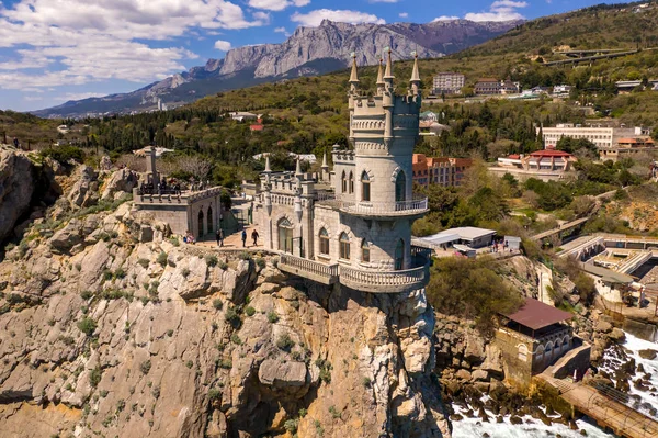 Castle Swallow's Nest, Crimea. Castle is located in the urban area of Gaspra, Yalta. Aerial drone shot — Stock Photo, Image