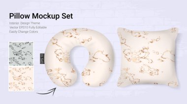 Gerçekçi seyahat boyun yastık mockup şablonu ve kapak ev dekoratif Tema tasarım mermer altın doku ile durumda, yazdırılabilir grafik yastık
