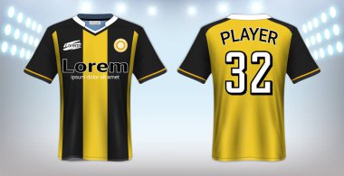 Futbol forma ve spor giyim tişört Mockup şablon, gerçekçi grafik tasarım ön ve futbol takımı üniformalar, resim, metin, resim, Logo uygulamak kolay olasılığı için arkadan görünüm