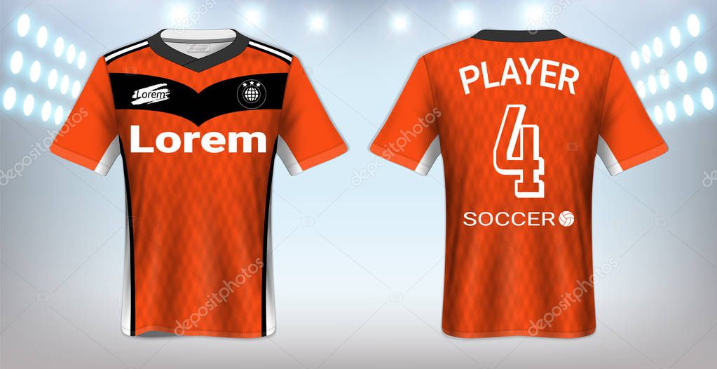 Soccer Jersey and Sportswear T-Shirt Mockup Template, Realistic Graphic Design Front and Back View for Football Kit Uniforms, Easy Possibility to Apply Your Artwork, Text, Image, Logo