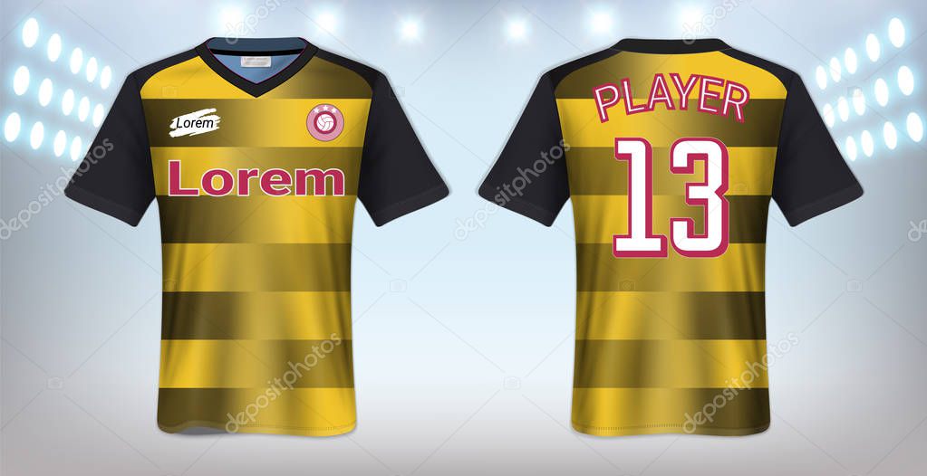 Soccer Jersey and Sportswear T-Shirt Mockup Template, Realistic Graphic Design Front and Back View for Football Kit Uniforms, Easy Possibility to Apply Your Artwork, Text, Image, Logo