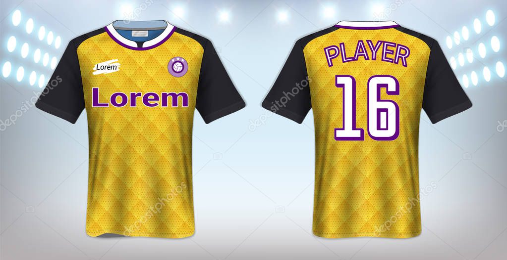 Soccer Jersey and Sportswear T-Shirt Mockup Template, Realistic Graphic Design Front and Back View for Football Kit Uniforms, Easy Possibility to Apply Your Artwork, Text, Image, Logo