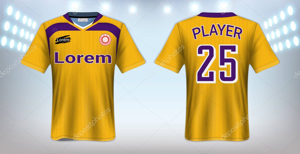 Soccer Jersey and Sportswear T-Shirt Mockup Template, Realistic Graphic Design Front and Back View for Football Kit Uniforms, Easy Possibility to Apply Your Artwork, Text, Image, Logo