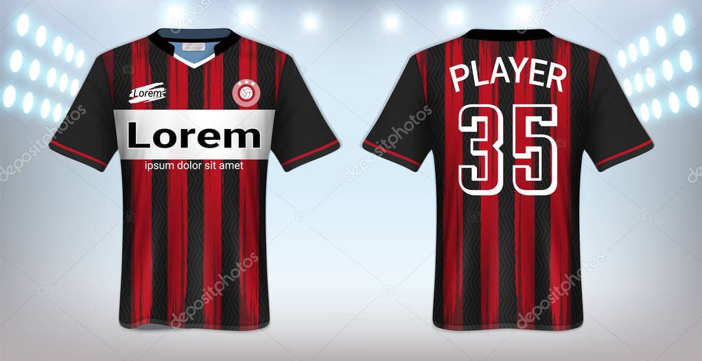 Soccer Jersey and Sportswear T-Shirt Mockup Template, Realistic Graphic Design Front and Back View for Football Kit Uniforms, Easy Possibility to Apply Your Artwork, Text, Image, Logo