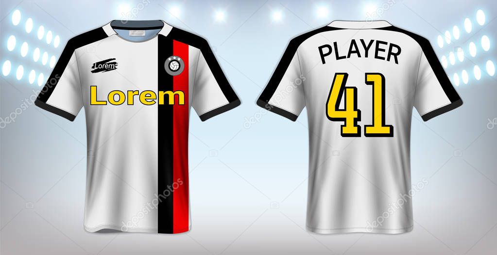 Soccer Jersey and Sportswear T-Shirt Mockup Template, Realistic Graphic Design Front and Back View for Football Kit Uniforms, Easy Possibility to Apply Your Artwork, Text, Image, Logo