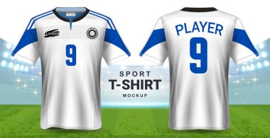 Futbol forma ve spor giyim tişört Mockup şablon, gerçekçi grafik tasarım ön ve futbol takımı üniformalar, resim, metin, resim, Logo uygulamak kolay olasılığı için arkadan görünüm