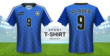 Futbol forma ve spor giyim tişört Mockup şablon, gerçekçi grafik tasarım ön ve futbol takımı üniformalar, resim, metin, resim, Logo uygulamak kolay olasılığı için arkadan görünüm