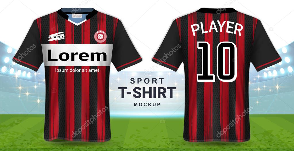 Soccer Jersey and Sportswear T-Shirt Mockup Template, Realistic Graphic Design Front and Back View for Football Kit Uniforms, Easy Possibility to Apply Your Artwork, Text, Image, Logo