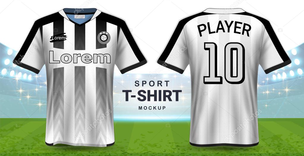 Soccer Jersey and Sportswear T-Shirt Mockup Template, Realistic Graphic Design Front and Back View for Football Kit Uniforms, Easy Possibility to Apply Your Artwork, Text, Image, Logo