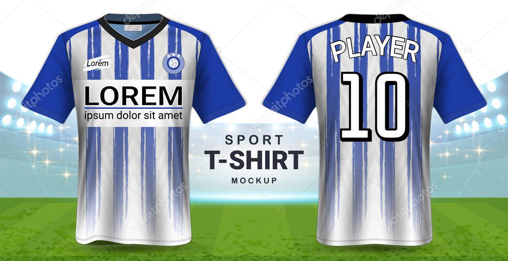Soccer Jersey and Sportswear T-Shirt Mockup Template, Realistic Graphic Design Front and Back View for Football Kit Uniforms, Easy Possibility to Apply Your Artwork, Text, Image, Logo