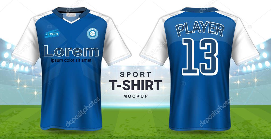 Soccer Jersey and Sportswear T-Shirt Mockup Template, Realistic Graphic Design Front and Back View for Football Kit Uniforms, Easy Possibility to Apply Your Artwork, Text, Image, Logo