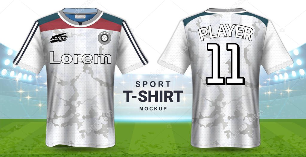 Soccer Jersey and Sportswear T-Shirt Mockup Template, Realistic Graphic Design Front and Back View for Football Kit Uniforms, Easy Possibility to Apply Your Artwork, Text, Image, Logo