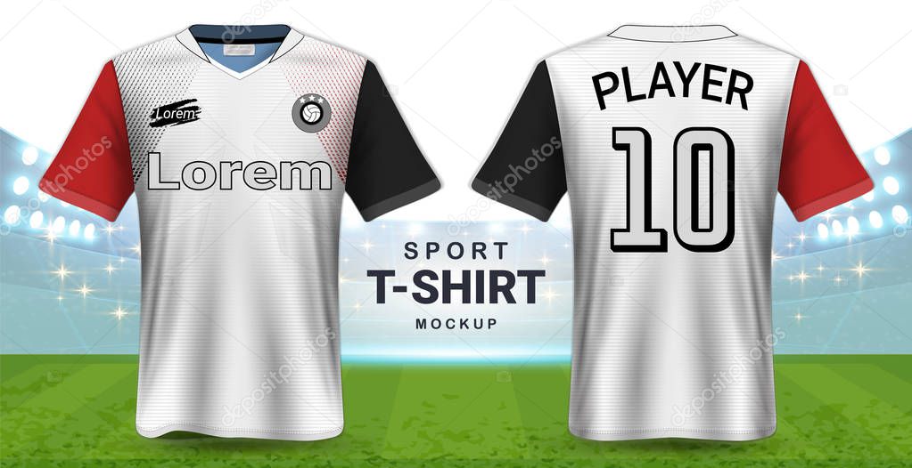 Soccer Jersey and Sportswear T-Shirt Mockup Template, Realistic Graphic Design Front and Back View for Football Kit Uniforms, Easy Possibility to Apply Your Artwork, Text, Image, Logo