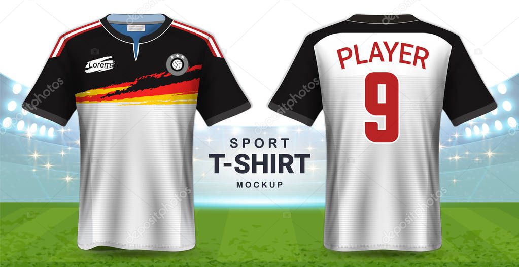 Soccer Jersey and Sportswear T-Shirt Mockup Template, Realistic Graphic Design Front and Back View for Football Kit Uniforms, Easy Possibility to Apply Your Artwork, Text, Image, Logo