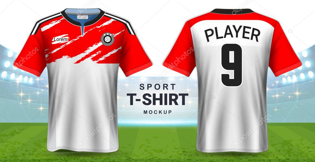Soccer Jersey and Sportswear T-Shirt Mockup Template, Realistic Graphic Design Front and Back View for Football Kit Uniforms, Easy Possibility to Apply Your Artwork, Text, Image, Logo