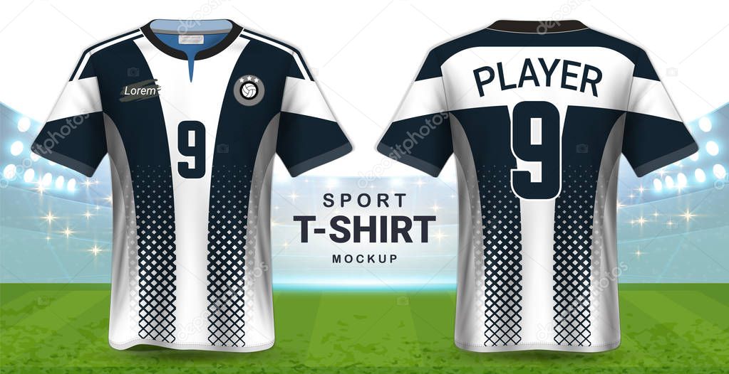 Soccer Jersey and Sportswear T-Shirt Mockup Template, Realistic Graphic Design Front and Back View for Football Kit Uniforms, Easy Possibility to Apply Your Artwork, Text, Image, Logo