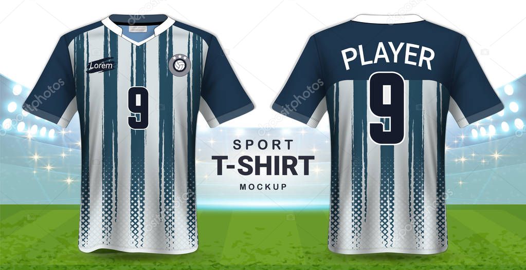 Soccer Jersey and Sportswear T-Shirt Mockup Template, Realistic Graphic Design Front and Back View for Football Kit Uniforms, Easy Possibility to Apply Your Artwork, Text, Image, Logo