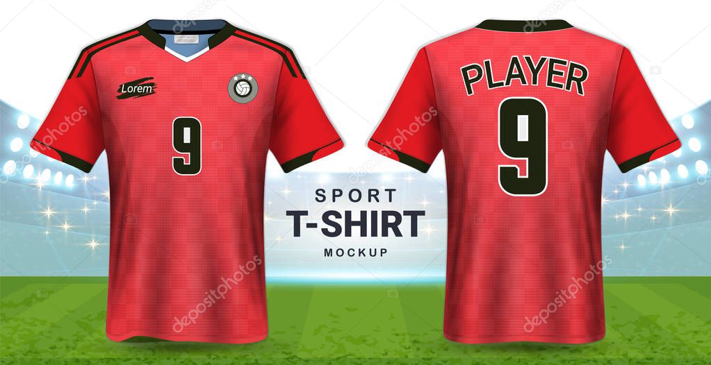 Soccer Jersey and Sportswear T-Shirt Mockup Template, Realistic Graphic Design Front and Back View for Football Kit Uniforms, Easy Possibility to Apply Your Artwork, Text, Image, Logo
