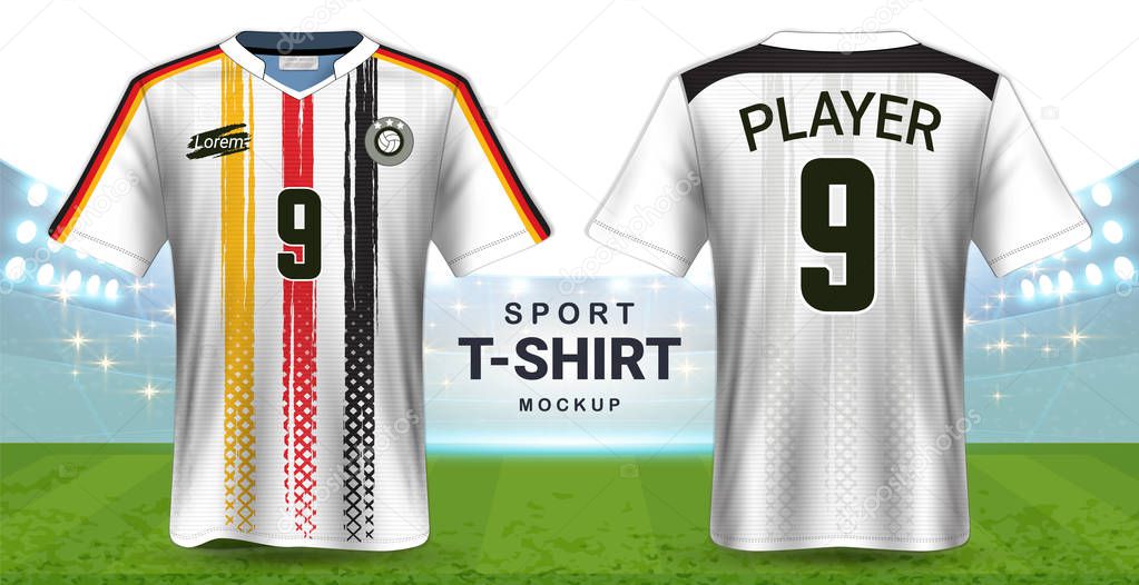 Soccer Jersey and Sportswear T-Shirt Mockup Template, Realistic Graphic Design Front and Back View for Football Kit Uniforms, Easy Possibility to Apply Your Artwork, Text, Image, Logo