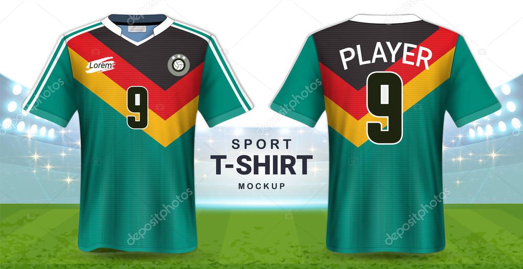 Soccer Jersey and Sportswear T-Shirt Mockup Template, Realistic Graphic Design Front and Back View for Football Kit Uniforms, Easy Possibility to Apply Your Artwork, Text, Image, Logo