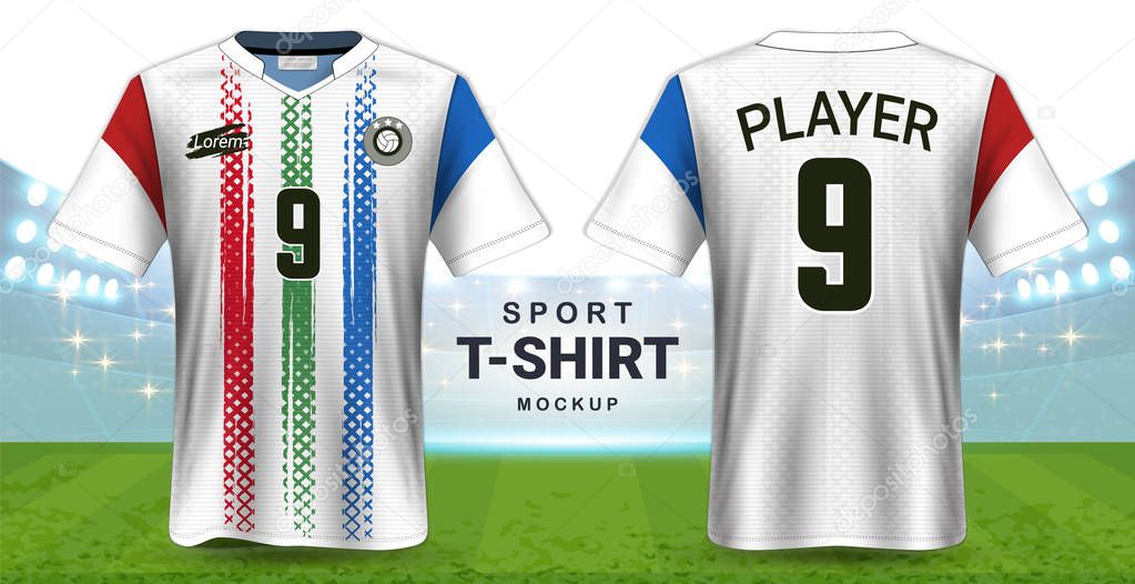 Soccer Jersey and Sportswear T-Shirt Mockup Template, Realistic Graphic Design Front and Back View for Football Kit Uniforms, Easy Possibility to Apply Your Artwork, Text, Image, Logo
