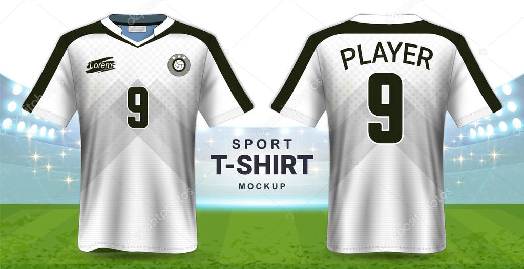 Soccer Jersey and Sportswear T-Shirt Mockup Template, Realistic Graphic Design Front and Back View for Football Kit Uniforms, Easy Possibility to Apply Your Artwork, Text, Image, Logo