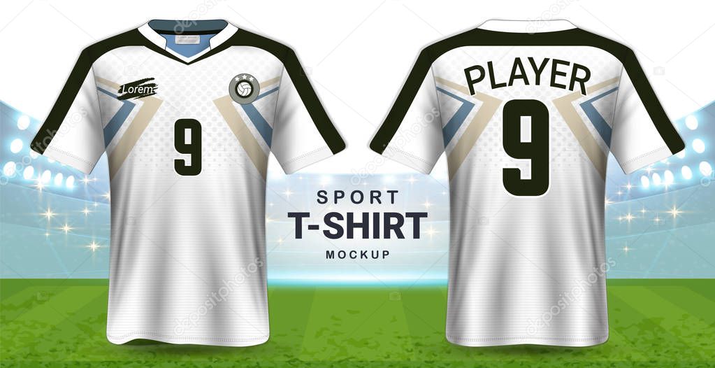 Soccer Jersey and Sportswear T-Shirt Mockup Template, Realistic Graphic Design Front and Back View for Football Kit Uniforms, Easy Possibility to Apply Your Artwork, Text, Image, Logo
