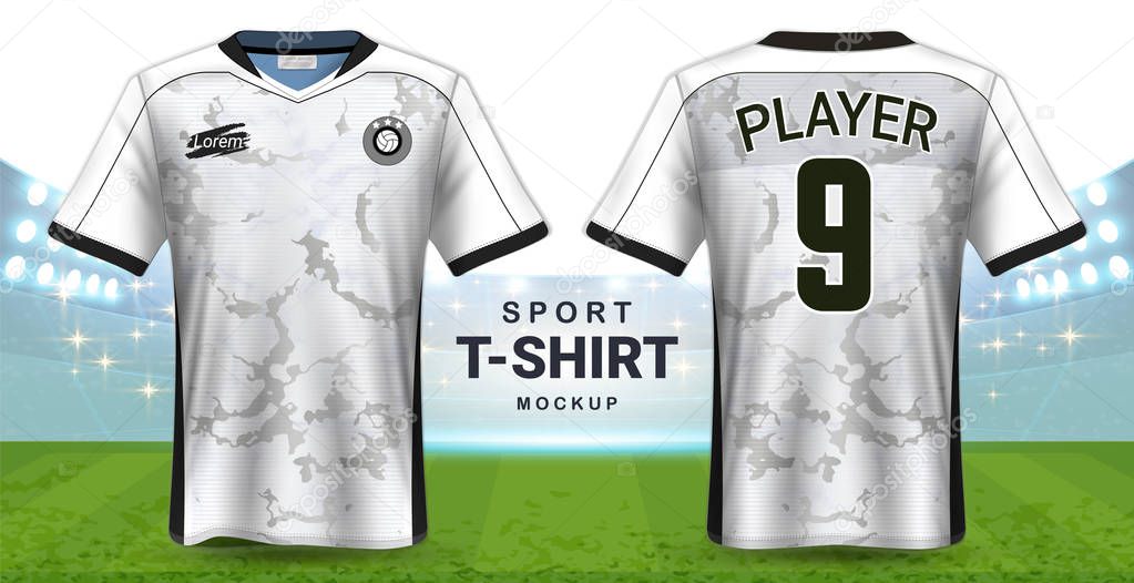 Soccer Jersey and Sportswear T-Shirt Mockup Template, Realistic Graphic Design Front and Back View for Football Kit Uniforms, Easy Possibility to Apply Your Artwork, Text, Image, Logo
