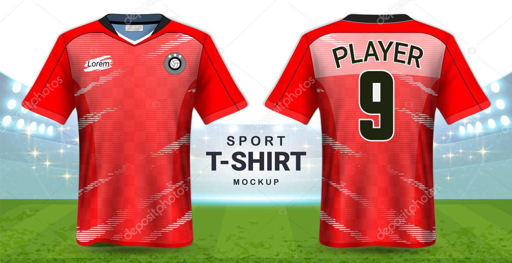 Soccer Jersey and Sportswear T-Shirt Mockup Template, Realistic Graphic Design Front and Back View for Football Kit Uniforms, Easy Possibility to Apply Your Artwork, Text, Image, Logo