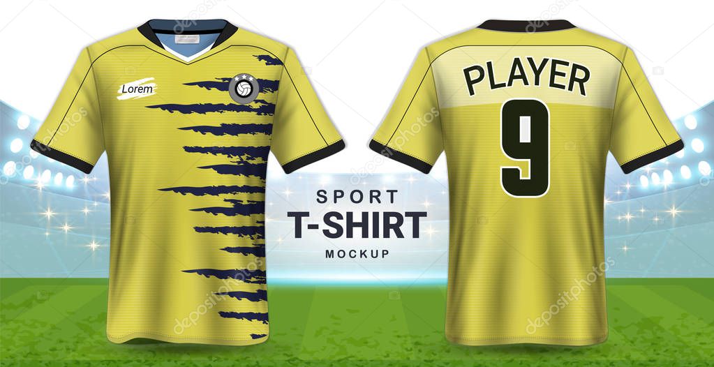 Soccer Jersey and Sportswear T-Shirt Mockup Template, Realistic Graphic Design Front and Back View for Football Kit Uniforms, Easy Possibility to Apply Your Artwork, Text, Image, Logo